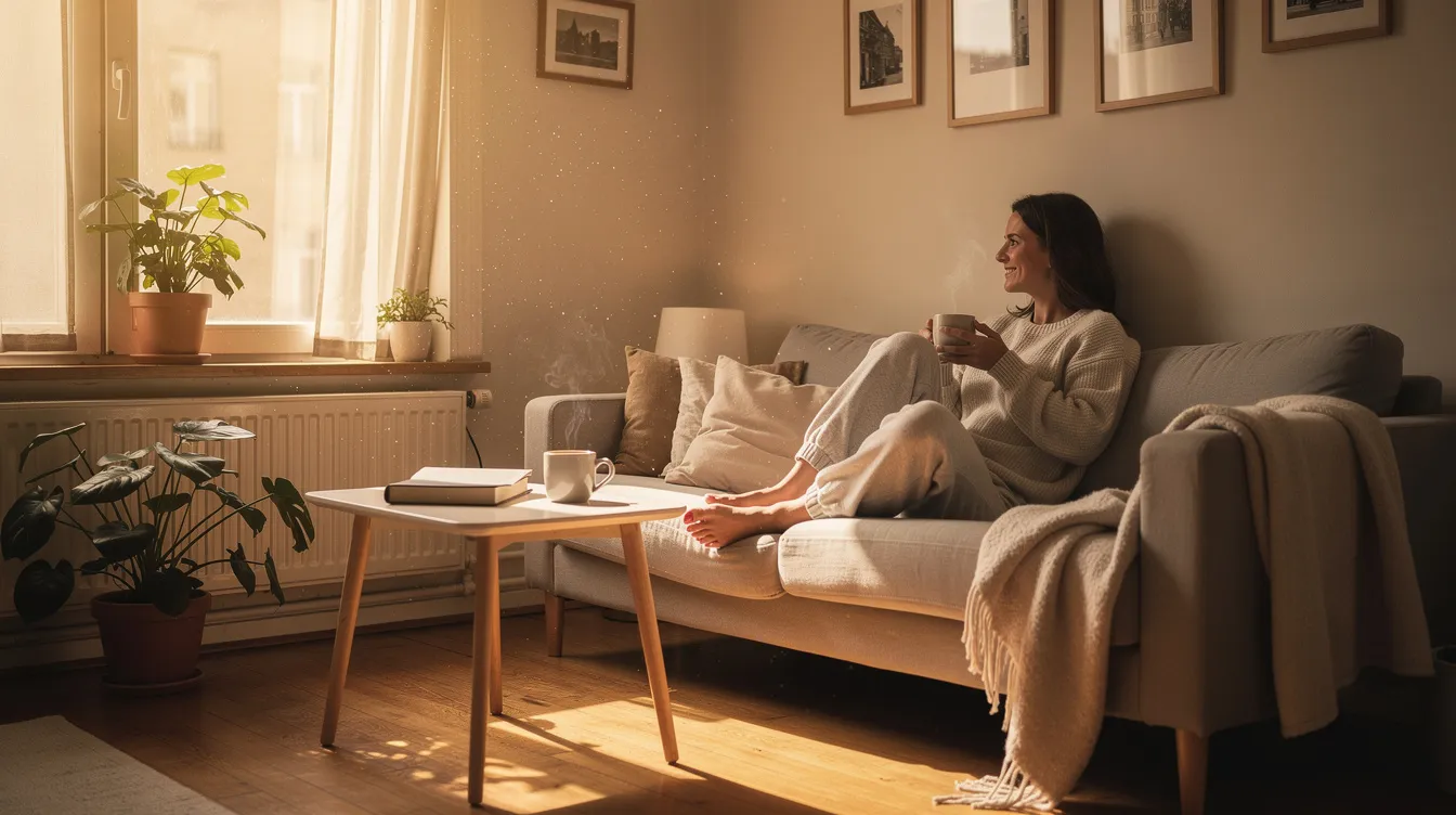 Different Forms of Polyamorous Relationships (And How They Compare to Monogamy) 3 - Consent Culture A person sits peacefully in their apartment, cradling a warm cup of coffee as sunlight streams through the window, creating a relaxed and content atmosphere. This serene moment reflects the beauty of intimate relationships, whether in a monogamous relationship or exploring various types of polyamorous relationships.