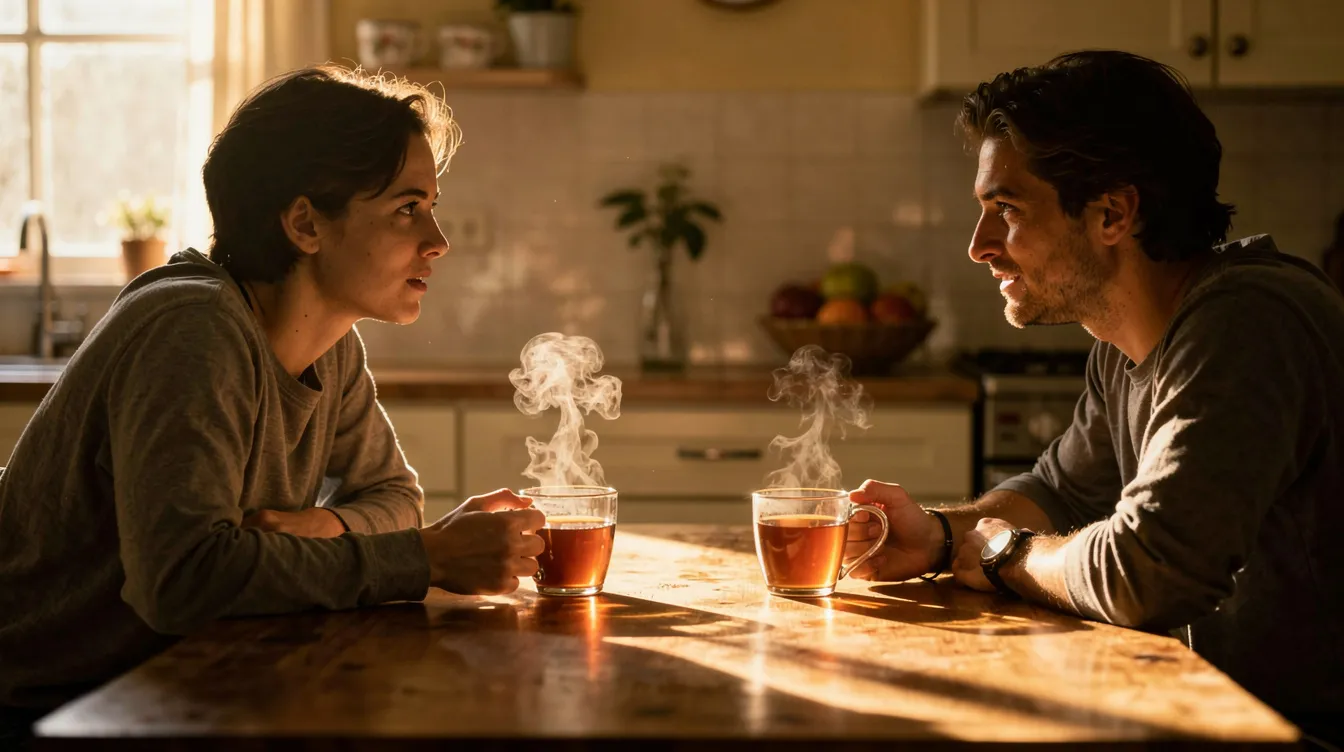 Two people are sitting at a kitchen table, engaged in a warm and focused conversation over mugs of tea, highlighting the importance of honest communication in their polyamorous relationship. Their discussion reflects the emotional intimacy and understanding essential for navigating the complexities of non-monogamous relationships.