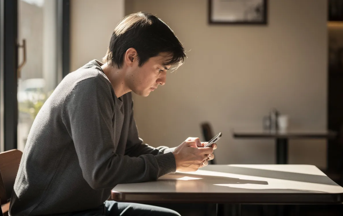 A person sits alone at a table, gazing pensively at their phone in soft natural light, reflecting on feelings of jealousy and insecurity that can arise in relationships. This moment captures the complex emotions of envy and self-worth, highlighting the challenges of overcoming jealousy and the impact it can have on one's mental health.