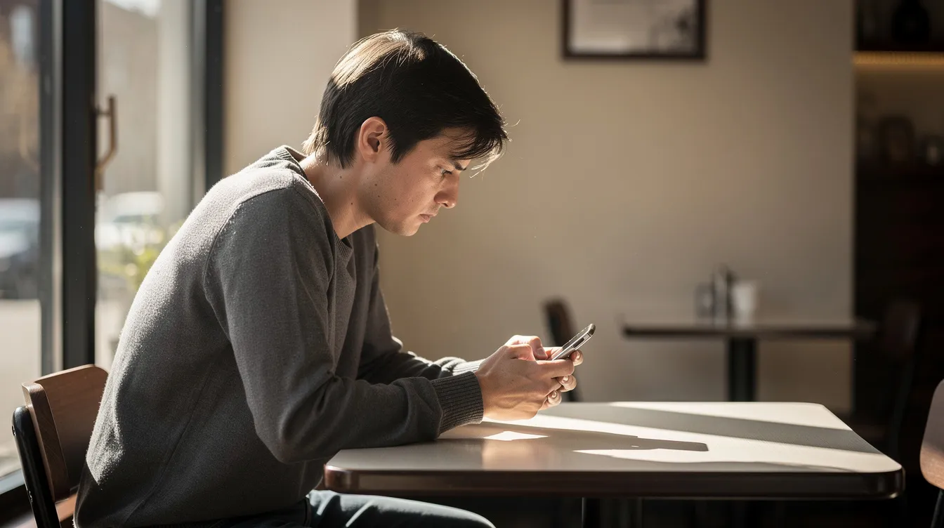 A person sits alone at a table, gazing pensively at their phone in soft natural light, reflecting on feelings of jealousy and insecurity that can arise in relationships. This moment captures the complex emotions of envy and self-worth, highlighting the challenges of overcoming jealousy and the impact it can have on one's mental health.