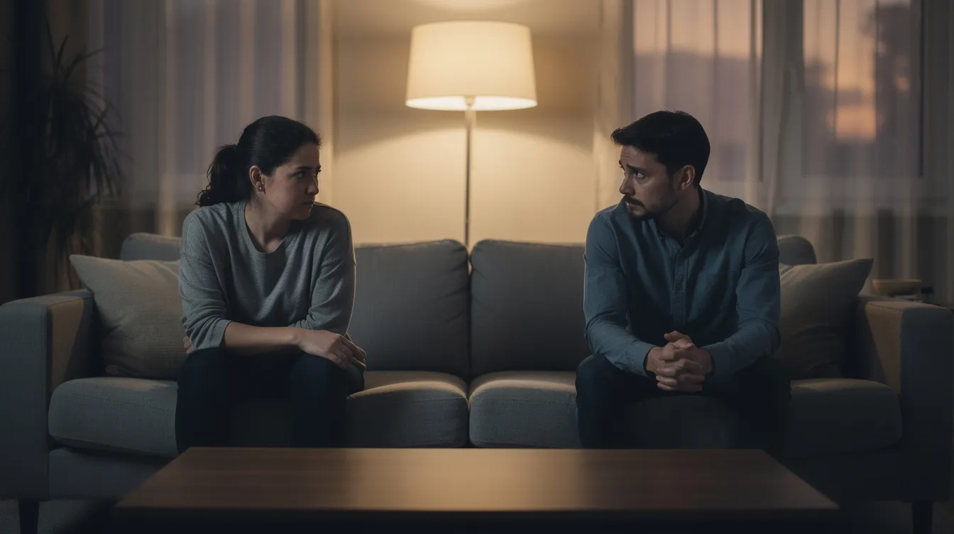 Recognizing and Understanding Jealousy: From First Signs to Lasting Change 3 - Consent Culture The image depicts two people sitting on opposite ends of a couch, visibly distant from each other, embodying feelings of jealousy and insecurity in their romantic relationship. This emotional separation highlights the complex emotions and negative thoughts that can arise from jealousy, impacting their connection and overall mental health.