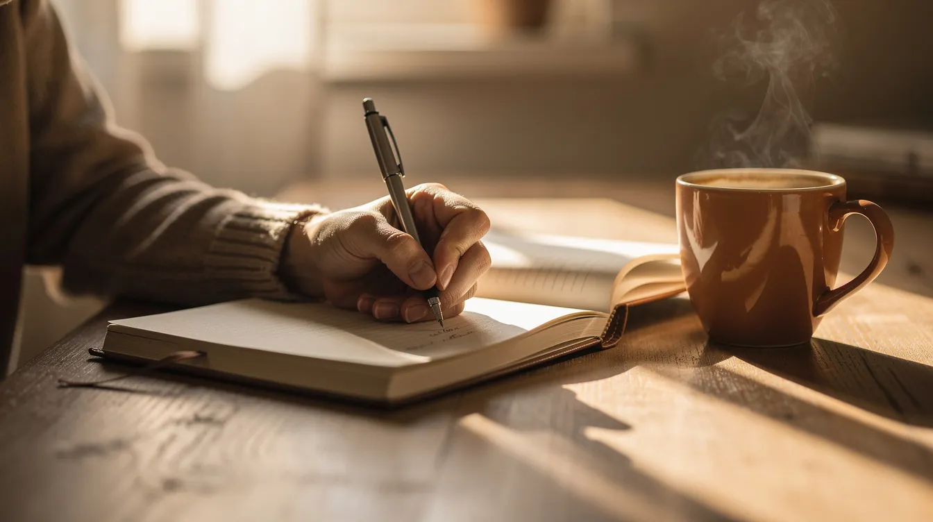 Recognizing and Understanding Jealousy: From First Signs to Lasting Change 4 - Consent Culture The image shows a person sitting at a sunlit desk, deeply engaged in writing in a journal, with a warm cup of coffee beside them. This serene moment captures the complexity of emotions such as jealousy and self-worth, as the individual reflects on their feelings and experiences in relationships.