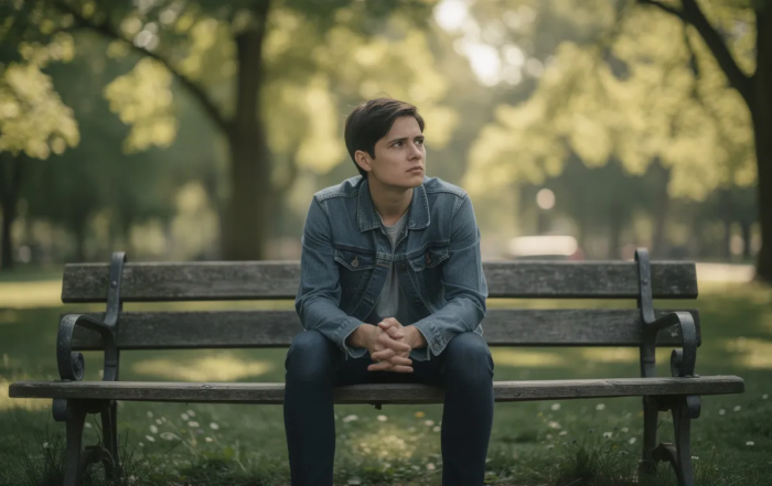 A solitary person sits on a park bench, gazing thoughtfully into the distance as soft natural light filters through the surrounding trees. This scene evokes a sense of self-reflection, which is often essential for individuals exploring non-monogamous relationships and navigating the emotional complexities of polyamory.