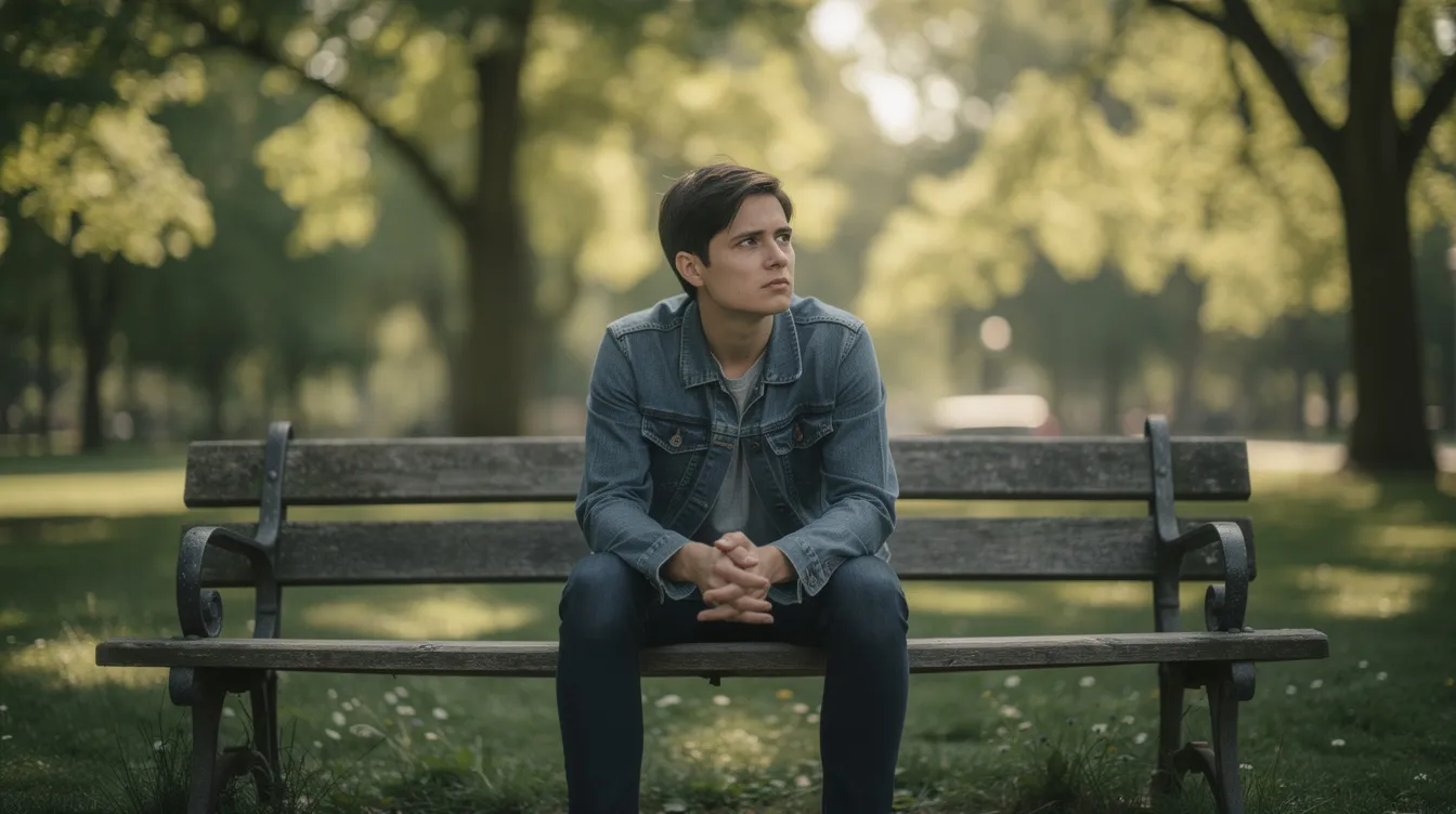 A solitary person sits on a park bench, gazing thoughtfully into the distance as soft natural light filters through the surrounding trees. This scene evokes a sense of self-reflection, which is often essential for individuals exploring non-monogamous relationships and navigating the emotional complexities of polyamory.