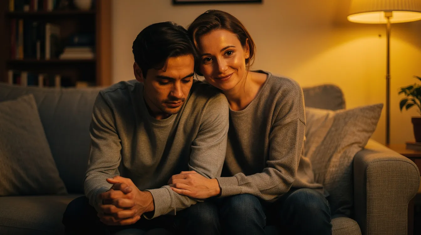 Understanding Jealousy vs Compersion in Poly Relationships 2 - Consent Culture The image shows two people sitting closely together on a couch bathed in warm light; one person appears contemplative while the other gently smiles, reflecting a moment of connection and understanding in their romantic relationship. This scene evokes feelings of sympathetic joy, highlighting the positive emotions that can exist alongside complex human emotions like jealousy and compersion in both monogamous and polyamorous relationships.