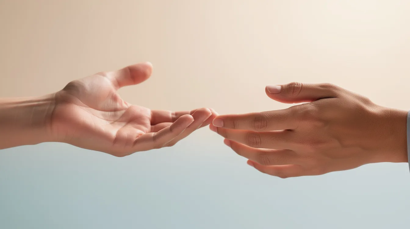 Understanding Jealousy vs Compersion in Poly Relationships 4 - Consent Culture The image depicts two hands reaching toward each other, symbolizing support and connection, set against a soft, gentle background. This gesture reflects the positive feelings of empathy and understanding that can exist in various types of relationships, including polyamorous relationships, where individuals may experience both jealousy and compersion.