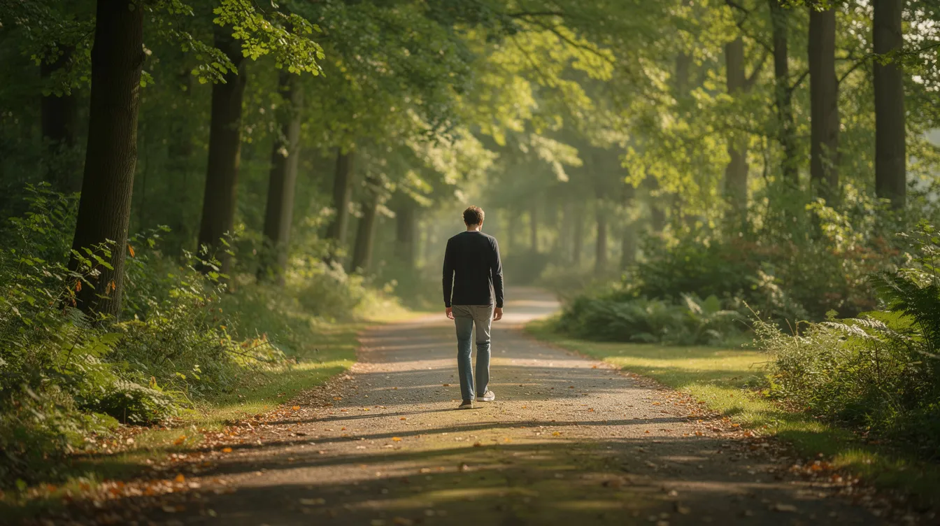 Understanding Jealousy vs Compersion in Poly Relationships 5 - Consent Culture A person is walking alone on a serene nature path, surrounded by lush trees, embodying a calm and reflective demeanor. This scene evokes feelings of peace and introspection, contrasting with the complexities of human emotions often experienced in both monogamous and polyamorous relationships, such as jealousy and compersion.