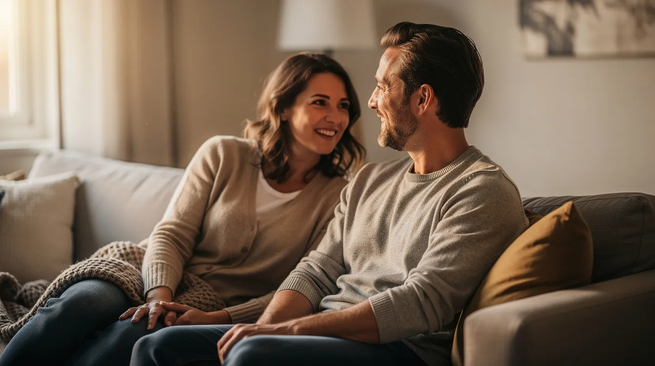 Establishing Boundaries in Polyamorous Relationships: From First Conversation to Long-Term Agreements 4 - Consent Culture The image shows two people sitting closely on a couch, engaged in a relaxed and intimate conversation, symbolizing the emotional intimacy often found in polyamorous relationships. Their body language reflects mutual respect and open communication, essential elements for setting healthy boundaries in any relationship style.