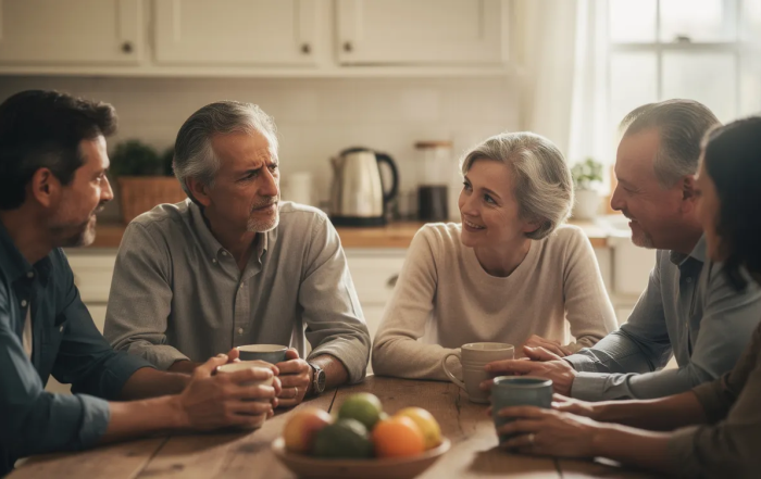 A group of several people is seated around a kitchen table, each holding coffee mugs and displaying a mix of concern and warmth on their faces as they engage in a discussion. This scene reflects the dynamics of polyamorous relationships, emphasizing the importance of open and honest communication and emotional intimacy while navigating conflicts among multiple partners.