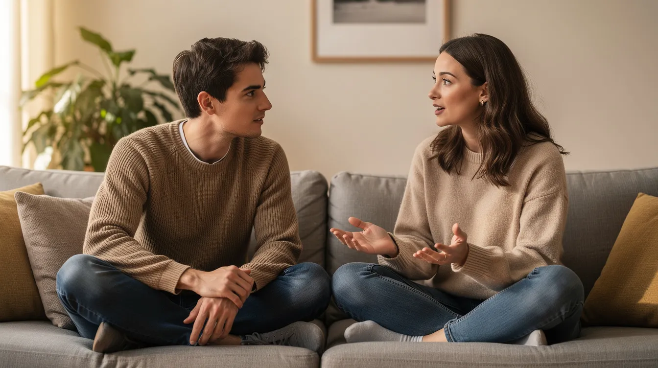 Resolving Conflicts in Polyamorous Relationships: Practical Tools for Real-Life Polycules 3 - Consent Culture The image depicts two people sitting cross-legged on a couch, facing each other; one person is actively listening while the other speaks with open hands, illustrating the importance of open and honest communication in navigating conflicts within polyamorous relationships. This scene emphasizes the practice of active listening and emotional intimacy, essential for fulfilling relationships with multiple partners.