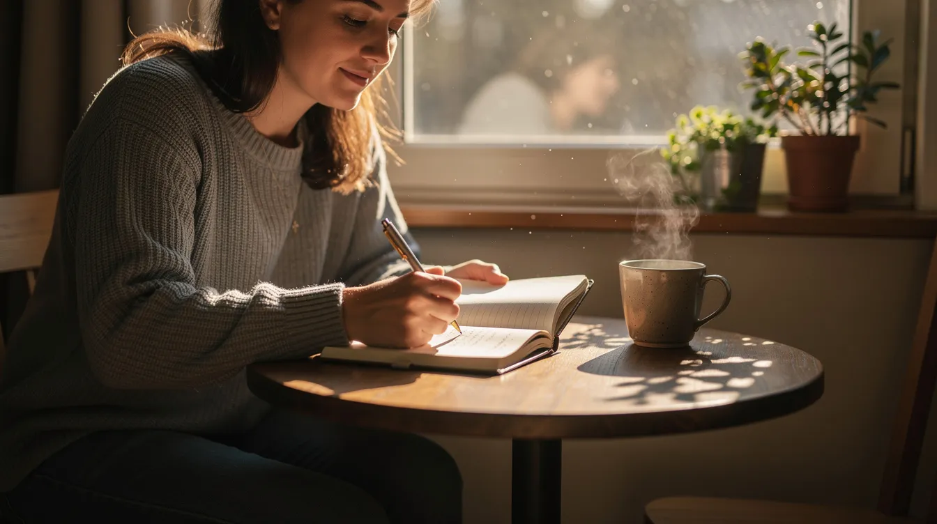 Resolving Conflicts in Polyamorous Relationships: Practical Tools for Real-Life Polycules 4 - Consent Culture A person sits peacefully by a sunlit window, writing in a journal with a cup of tea beside them, reflecting on their thoughts and emotions. This serene scene evokes a sense of self-awareness and the importance of open and honest communication in navigating complex dynamics, such as those found in polyamorous relationships.