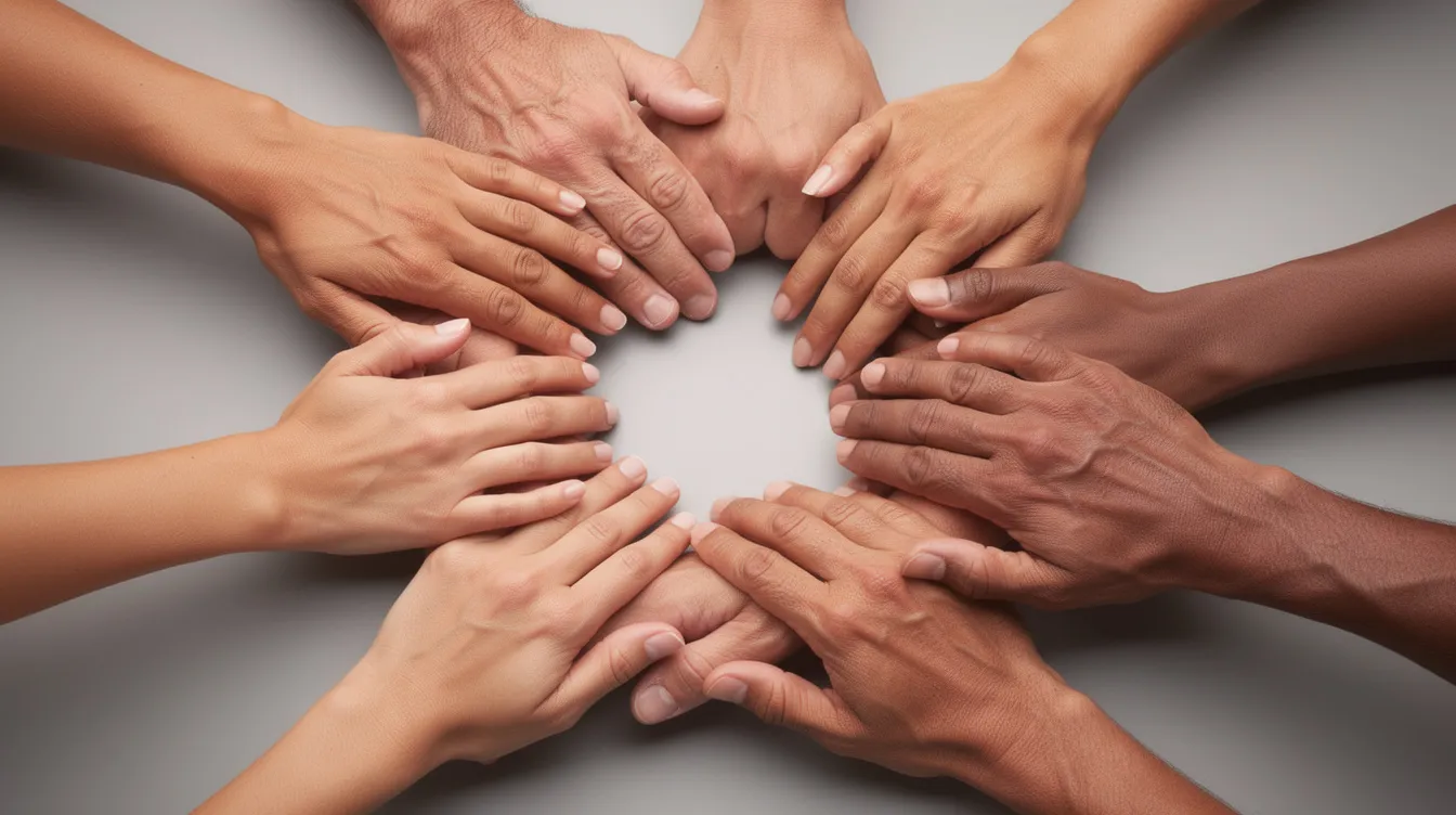 Resolving Conflicts in Polyamorous Relationships: Practical Tools for Real-Life Polycules 5 - Consent Culture The image features multiple hands of varying skin tones gently resting on top of each other in a circular arrangement, symbolizing connection and commitment often found in polyamorous relationships. This visual representation emphasizes the themes of emotional intimacy and open communication that are essential for navigating conflicts and fostering healthy relationships among multiple partners.