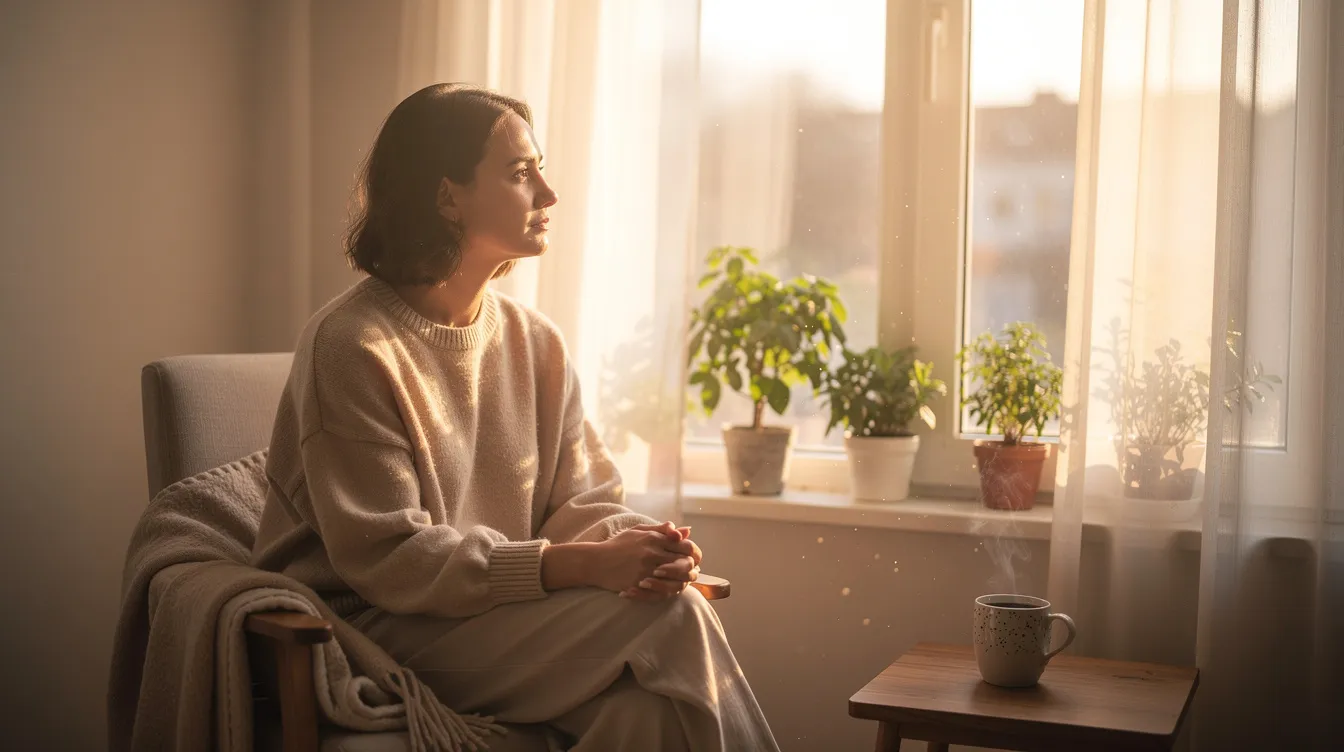 A person sits calmly by a sunlit window in the morning, reflecting in the soft natural light that fills the room, symbolizing the importance of emotional health and well-being for a fulfilling sex life. This serene scene highlights the connection between mental health and sexual wellness, inviting thoughts on self-exploration and healthy relationships.