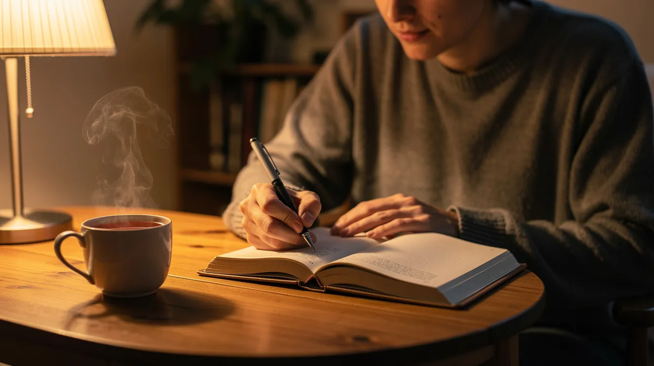 Mental Health Tips for Sexual Well‑Being: How to Protect Your Mind While Nurturing Your Sex Life 3 - Consent Culture A person sits at a quiet table, writing in a journal with a warm cup of tea beside them, illuminated by soft lighting. This serene setting fosters emotional health and self-exploration, encouraging reflections on sexual well-being and the importance of a fulfilling sex life.