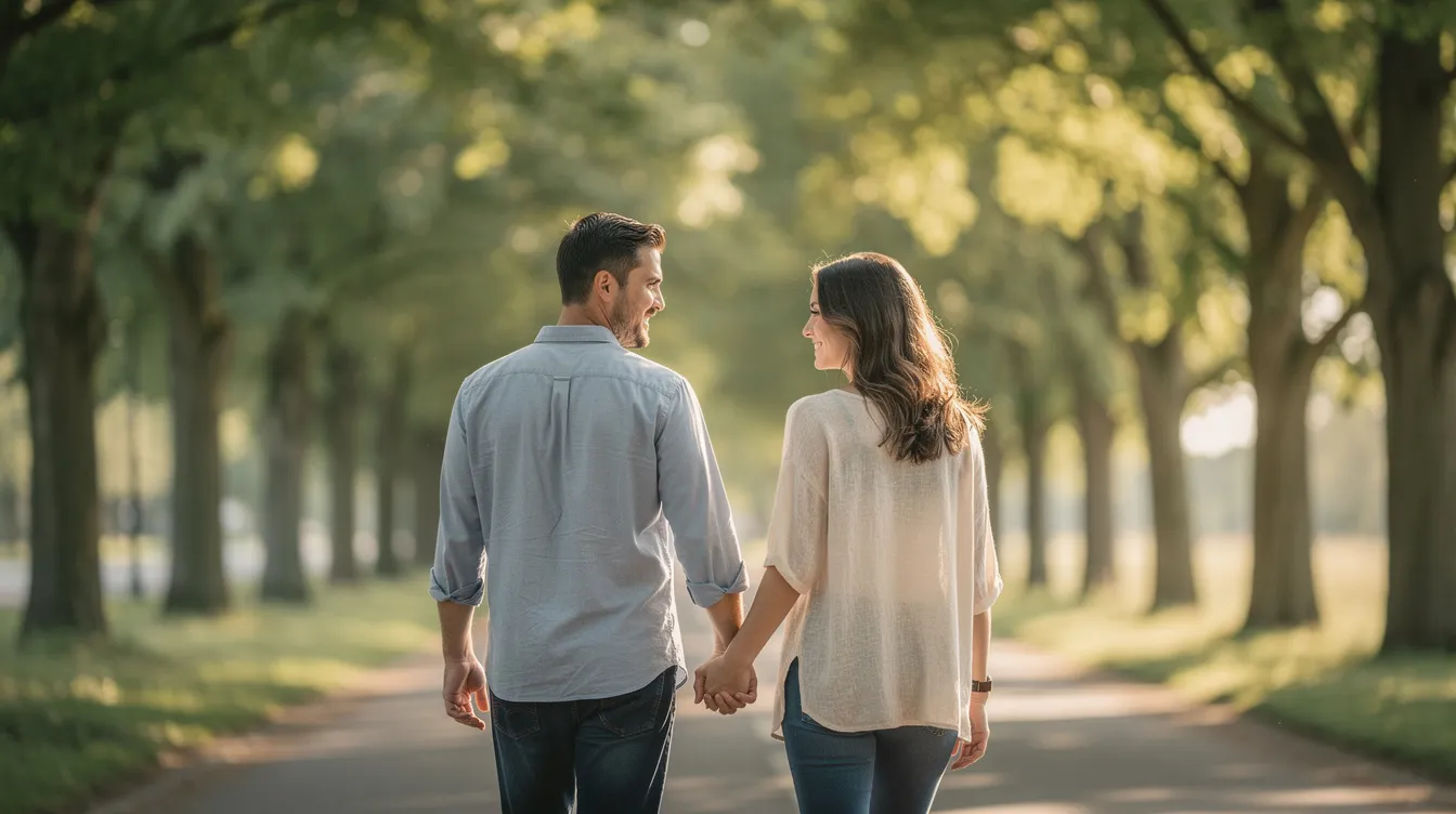 Mental Health Tips for Sexual Well‑Being: How to Protect Your Mind While Nurturing Your Sex Life 5 - Consent Culture A couple is walking hand in hand along a serene, tree-lined path, exuding a sense of relaxation and emotional connection. This image reflects the importance of physical intimacy and healthy relationships in fostering sexual well-being and mental health.