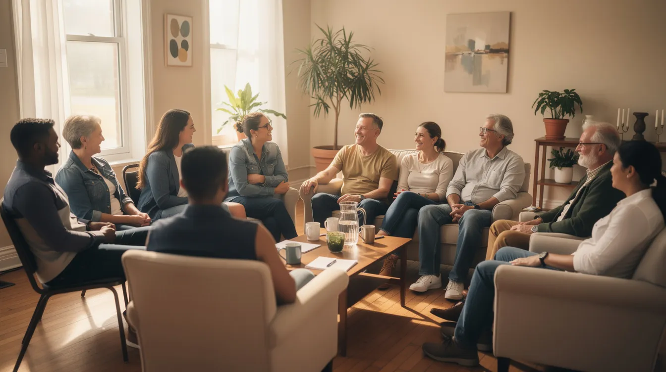 A diverse group of adults of varying ages is seated in a circle within a warm, well-lit community space, engaged in relaxed conversation about topics related to sexuality education and healthy relationships. This gathering emphasizes lifelong learning and the importance of open discussions around sexual and reproductive health.
