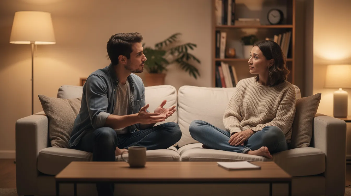 Lifelong Learning in Adult Sex Education: A Practical Guide 3 - Consent Culture Two people are seated on a couch, facing each other under warm lighting, engaged in a calm and open conversation about healthy relationships and comprehensive sexuality education. This intimate setting fosters a supportive environment for discussing important topics related to sexual health and lifelong learning.
