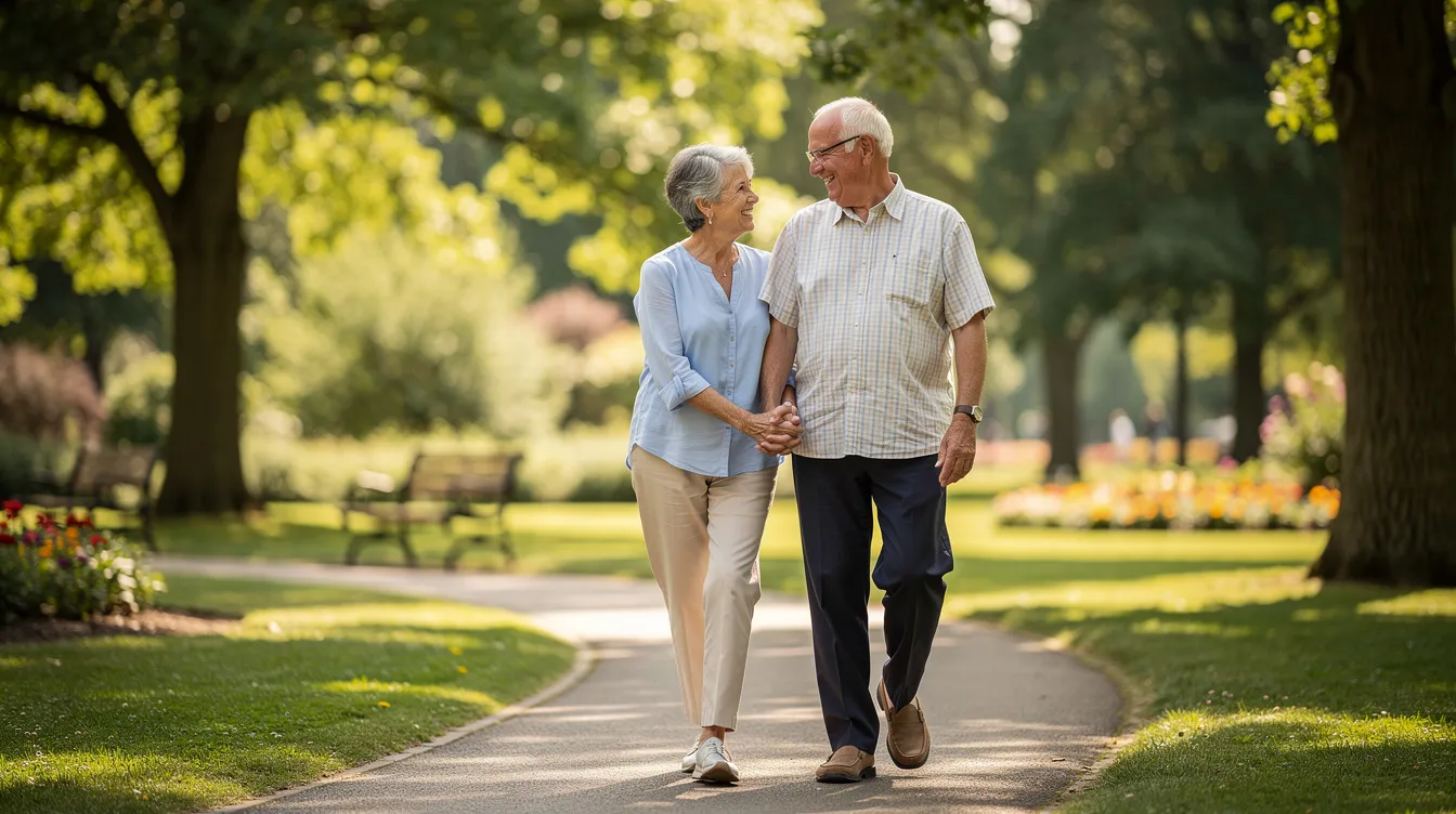 Lifelong Learning in Adult Sex Education: A Practical Guide 4 - Consent Culture An older couple walks hand in hand through a sunny park, exuding contentment and connection as they enjoy their time together. This image reflects the beauty of healthy relationships and the importance of lifelong learning in understanding human sexuality and intimacy.