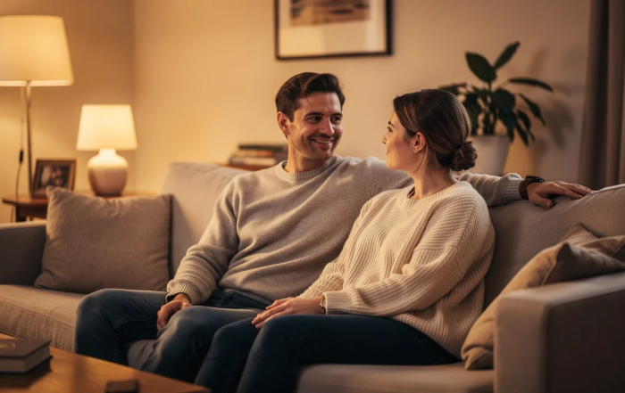 The image shows two people sitting closely together on a couch in a warmly lit room, exuding relaxed and comfortable body language. Their posture and expressions suggest a mood of intimacy and clear communication, highlighting the importance of consent and mutual understanding in their interaction.