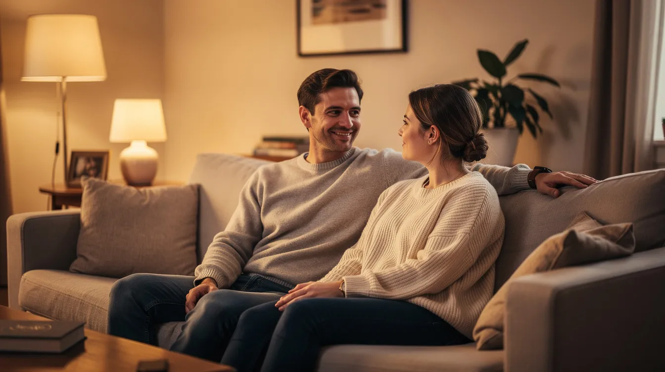 How to Ask for Consent (Without Killing the Mood) 2 - Consent Culture The image shows two people sitting closely together on a couch in a warmly lit room, exuding relaxed and comfortable body language. Their posture and expressions suggest a mood of intimacy and clear communication, highlighting the importance of consent and mutual understanding in their interaction.