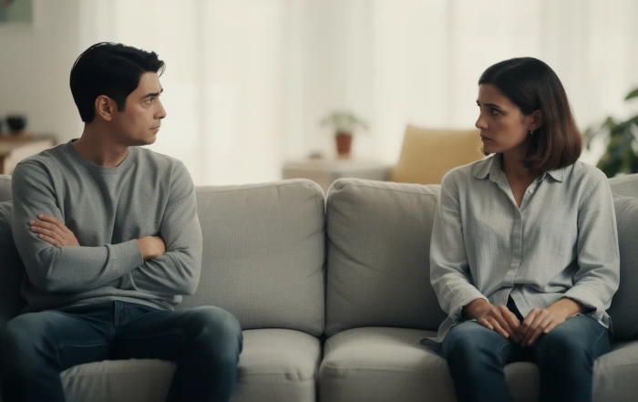 The image shows two people sitting on a couch, maintaining a noticeable physical distance from each other. One individual has their arms crossed and is turned slightly away, indicating nonverbal cues of discomfort or disengagement in their communication.