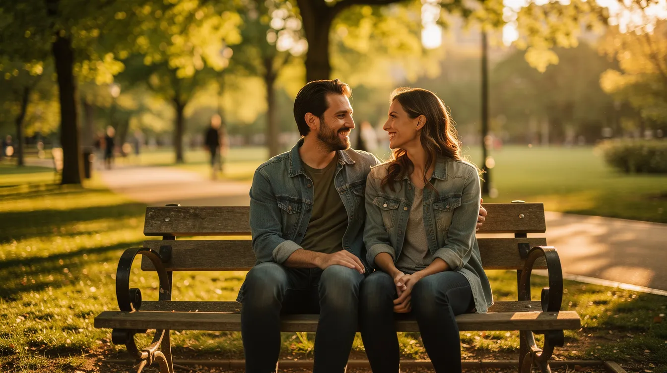 A couple sits side by side on a park bench bathed in warm light, engaged in a calm conversation that reflects mutual respect and understanding of each other's boundaries. Their relaxed demeanor suggests a healthy relationship built on open communication and emotional well-being.