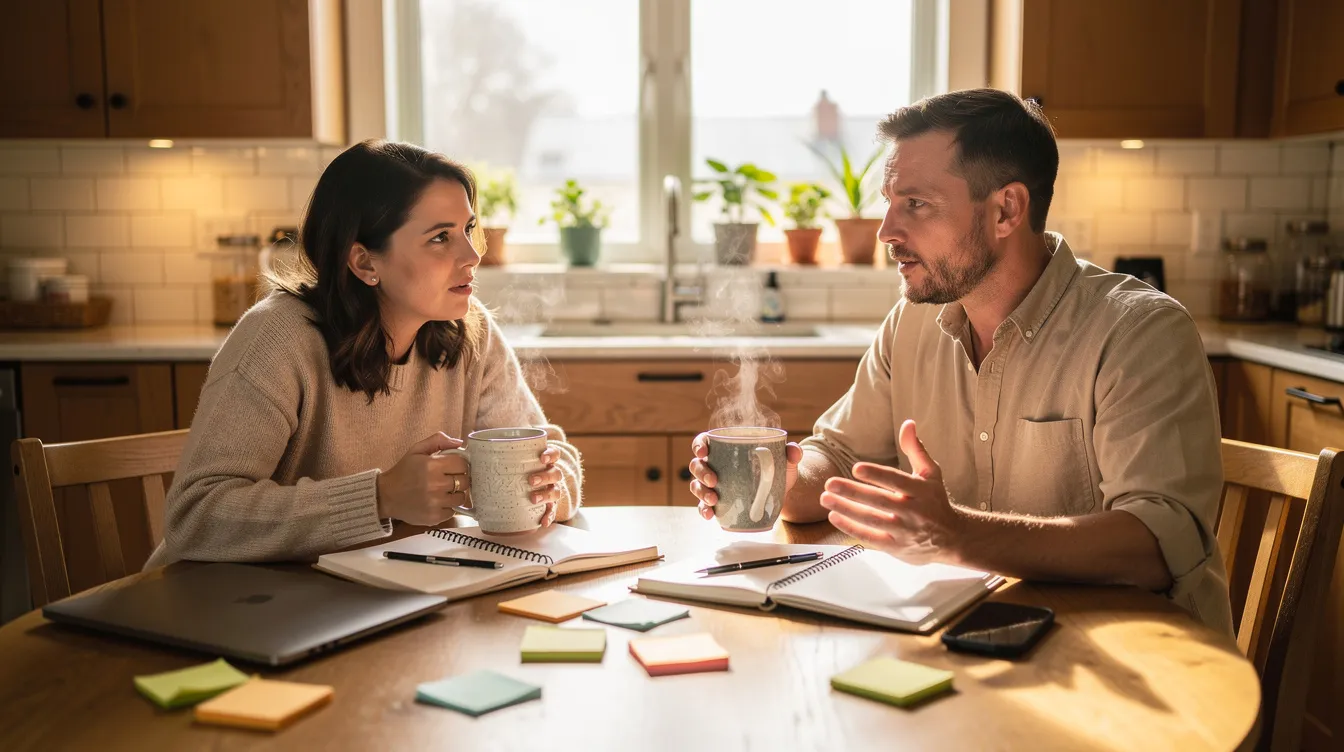 Honoring Your Partner's Boundaries: A Practical Relationship Guide 3 - Consent Culture The image depicts two individuals sitting at a kitchen table, engaged in a focused yet relaxed discussion over mugs of tea, with open notebooks in front of them. Their conversation reflects mutual respect and understanding as they navigate the importance of setting healthy boundaries in their personal relationships.