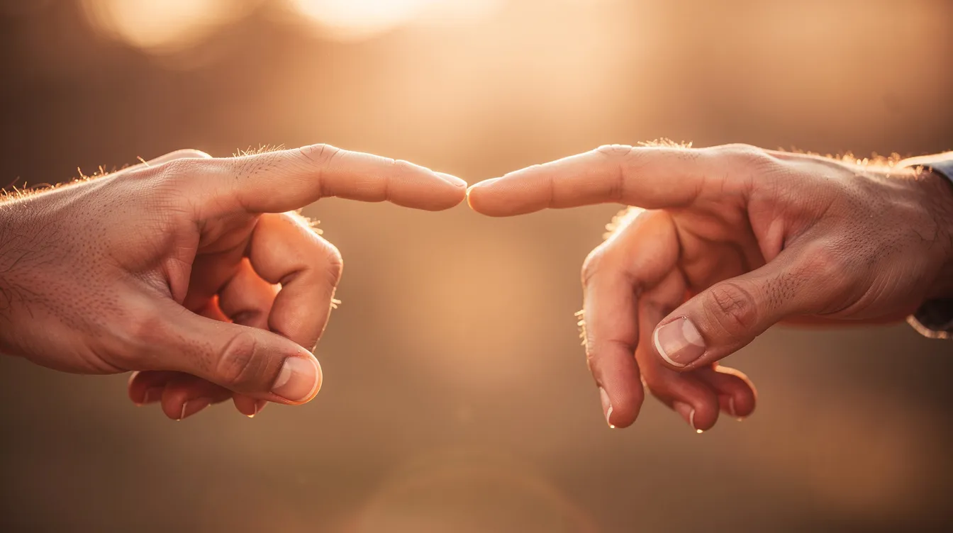 Honoring Your Partner's Boundaries: A Practical Relationship Guide 4 - Consent Culture The image depicts two hands reaching toward each other across a small gap, illuminated by warm natural lighting, symbolizing the importance of mutual respect and establishing healthy boundaries in personal relationships. This moment captures the essence of connection while honoring each person's boundaries and emotional space.