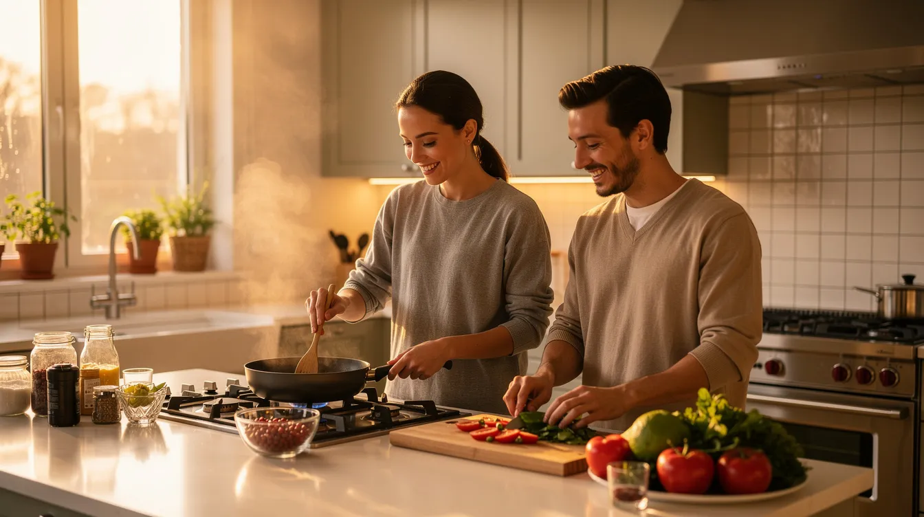 Two people are cooking together in a warm, well-lit kitchen, sharing smiles and relaxed expressions, embodying the essence of maintaining healthy relationships through quality time and open communication. Their collaborative effort showcases the joy of spending time with loved ones while fostering a strong emotional connection.