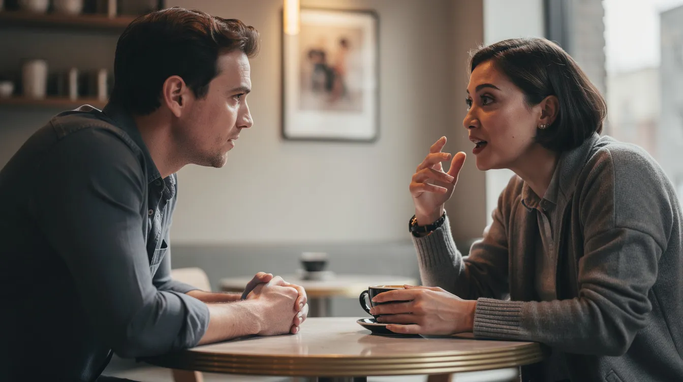 Building a Healthy Relationship: Practical Steps for Real-Life Love 3 - Consent Culture Two people are seated at a small table, engaged in a conversation where one leans forward attentively, demonstrating active listening and healthy communication. This scene reflects the importance of maintaining healthy relationships through open dialogue and mutual respect.