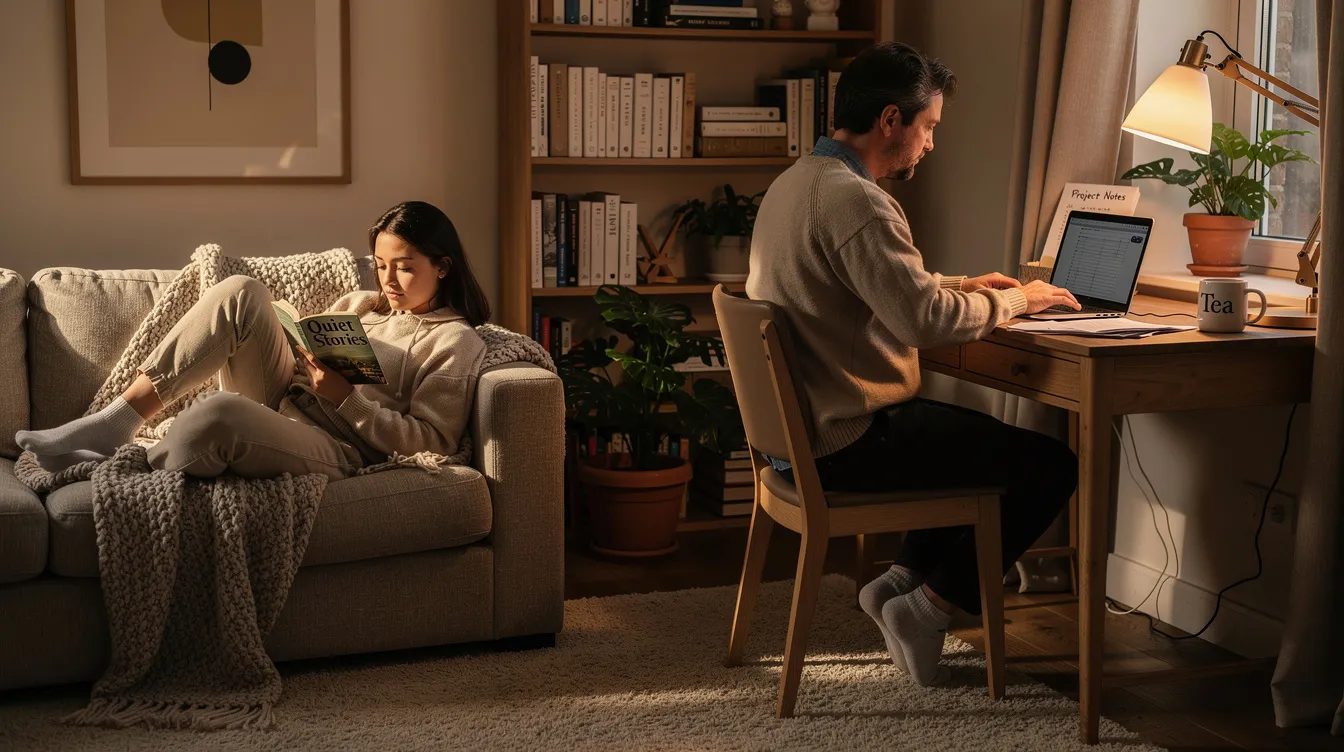 Building a Healthy Relationship: Practical Steps for Real-Life Love 4 - Consent Culture In a cozy living room, one person is comfortably reading a book on the couch while another works on a laptop at a nearby desk, illustrating a strong relationship where they respect each other's need for quiet time and maintain healthy communication. This scene captures the essence of spending quality time together while also allowing for individual activities, fostering emotional connection and well-being.