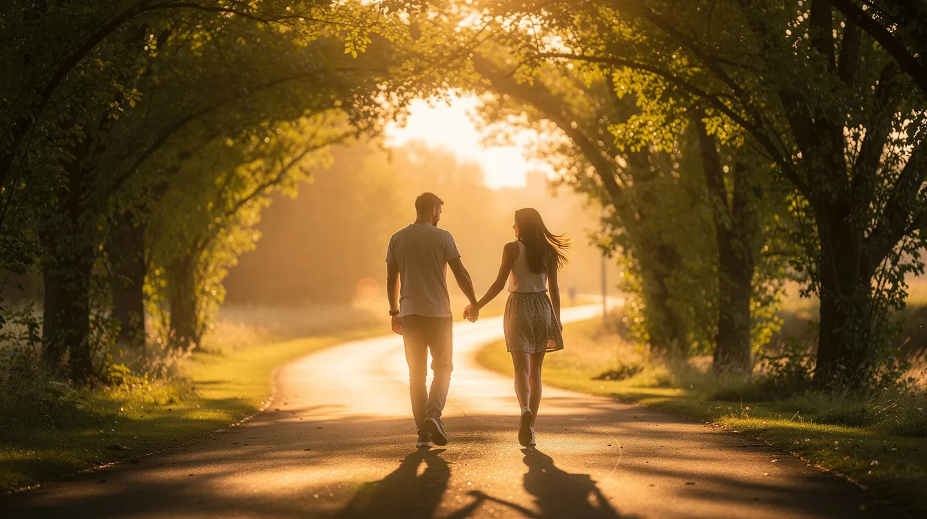Building a Healthy Relationship: Practical Steps for Real-Life Love 5 - Consent Culture A couple strolls hand in hand along a picturesque tree-lined path, bathed in the warm golden light of the evening. This scene embodies the essence of healthy relationships, where partners enjoy quality time together and communicate openly, fostering emotional connection and well-being.