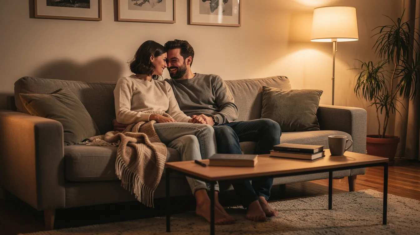 A couple is sitting closely together on a cozy couch in a warmly lit living room, their legs touching, embodying physical and emotional intimacy in their romantic relationship. This scene conveys a sense of comfort and connection, highlighting the importance of quality time and physical affection in building a strong bond.