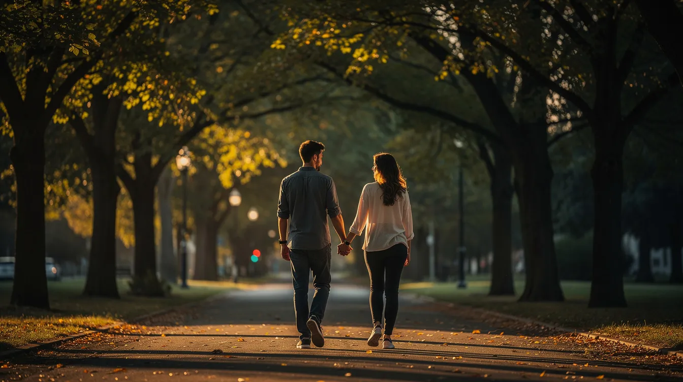 Techniques for Better Physical Connection in Your Relationship 3 - Consent Culture A couple walks hand in hand along a tree-lined path in the evening, embodying physical intimacy and emotional connection as they enjoy their time together. The warm glow of the setting sun enhances their bond, creating a serene atmosphere that reflects their romantic relationship.