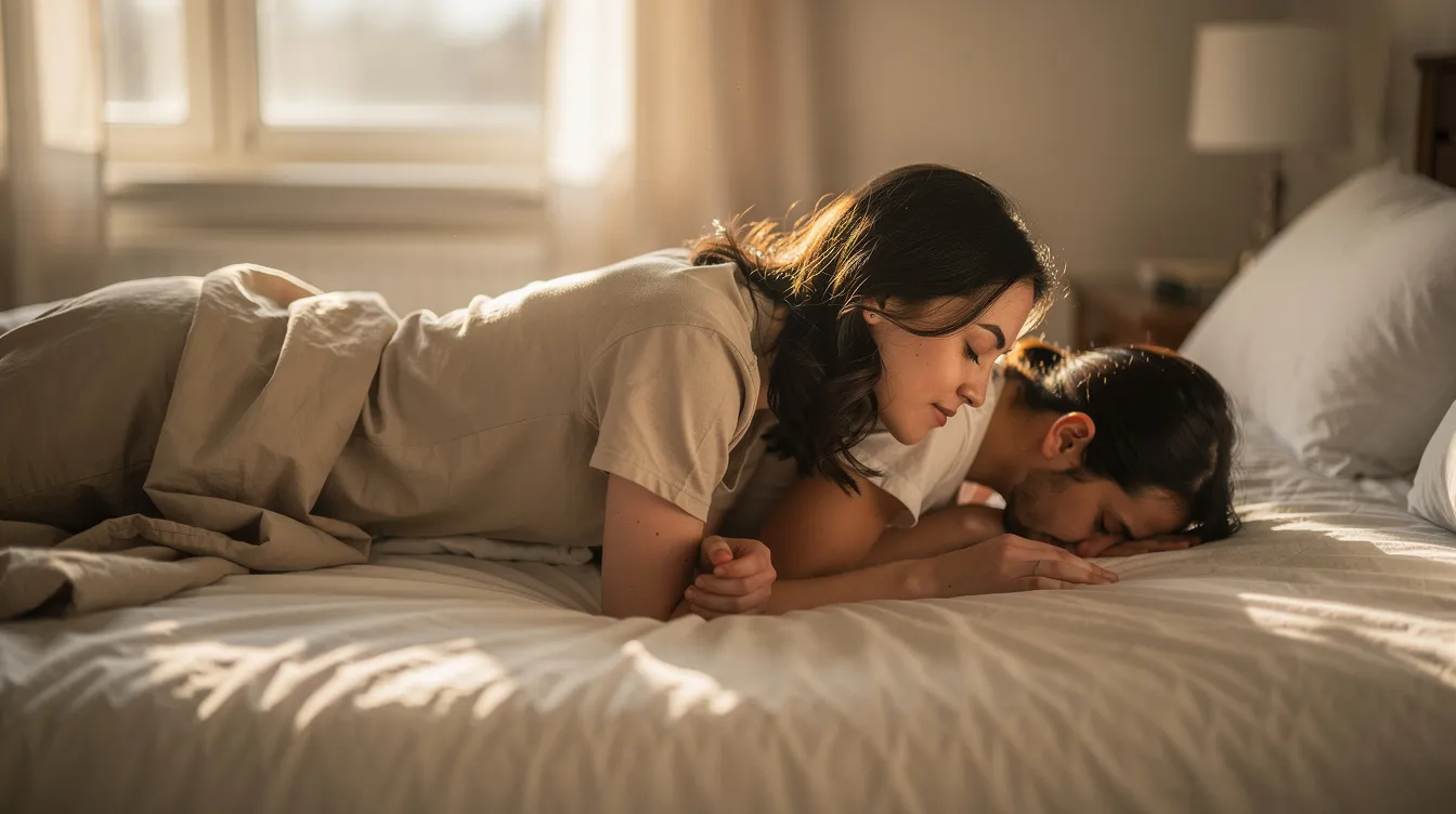 Techniques for Better Physical Connection in Your Relationship 4 - Consent Culture A couple lies face to face on a bed bathed in soft natural light, their eyes closed and expressions serene, embodying a deep emotional connection and physical intimacy. This peaceful scene highlights the importance of quality time and emotional closeness in a healthy romantic relationship.