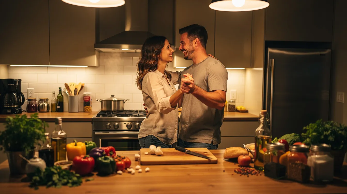 Techniques for Better Physical Connection in Your Relationship 5 - Consent Culture A couple is joyfully dancing together in a warmly lit kitchen, surrounded by cooking ingredients on the counter, showcasing their emotional intimacy and physical connection. Their smiles reflect a deep emotional closeness, emphasizing the importance of quality time in nurturing their romantic relationship.