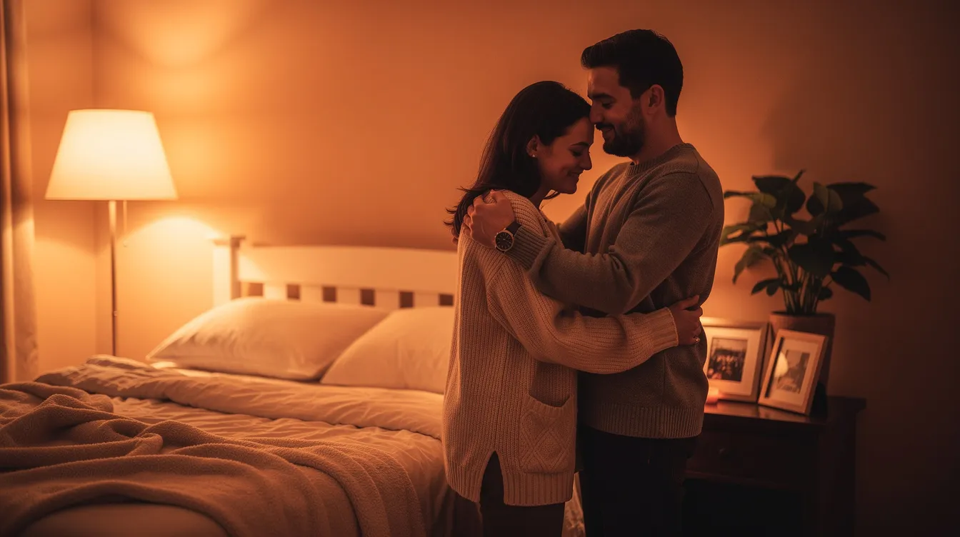 A couple is seen in a warmly lit bedroom, sharing an intimate embrace that conveys a relaxed atmosphere. The soft lighting enhances the mood, suggesting a moment of connection and intimacy that could lead to exploring various aspects of their sex life, including oral sex techniques and tips for deeper pleasure.
