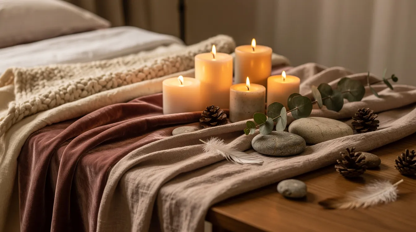 Mastering Oral Sex Techniques and Tips: A Complete Guide for Better Sex Life 5 - Consent Culture The image features an artistic arrangement of soft fabrics, flickering candles, and natural elements, evoking a sense of sensory exploration and comfort, ideal for enhancing intimacy and sexual satisfaction. This serene setting suggests a space where one can learn and practice various oral sex techniques, fostering a deeper connection with a partner's body.