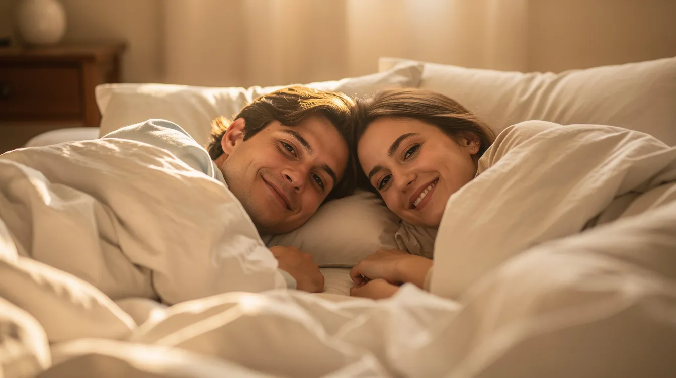 A couple lies comfortably on a bed bathed in soft, warm lighting, exuding a sense of relaxation and intimacy. Their peaceful expressions suggest a moment of connection, highlighting the importance of sexual satisfaction and communication in enhancing their shared experiences.