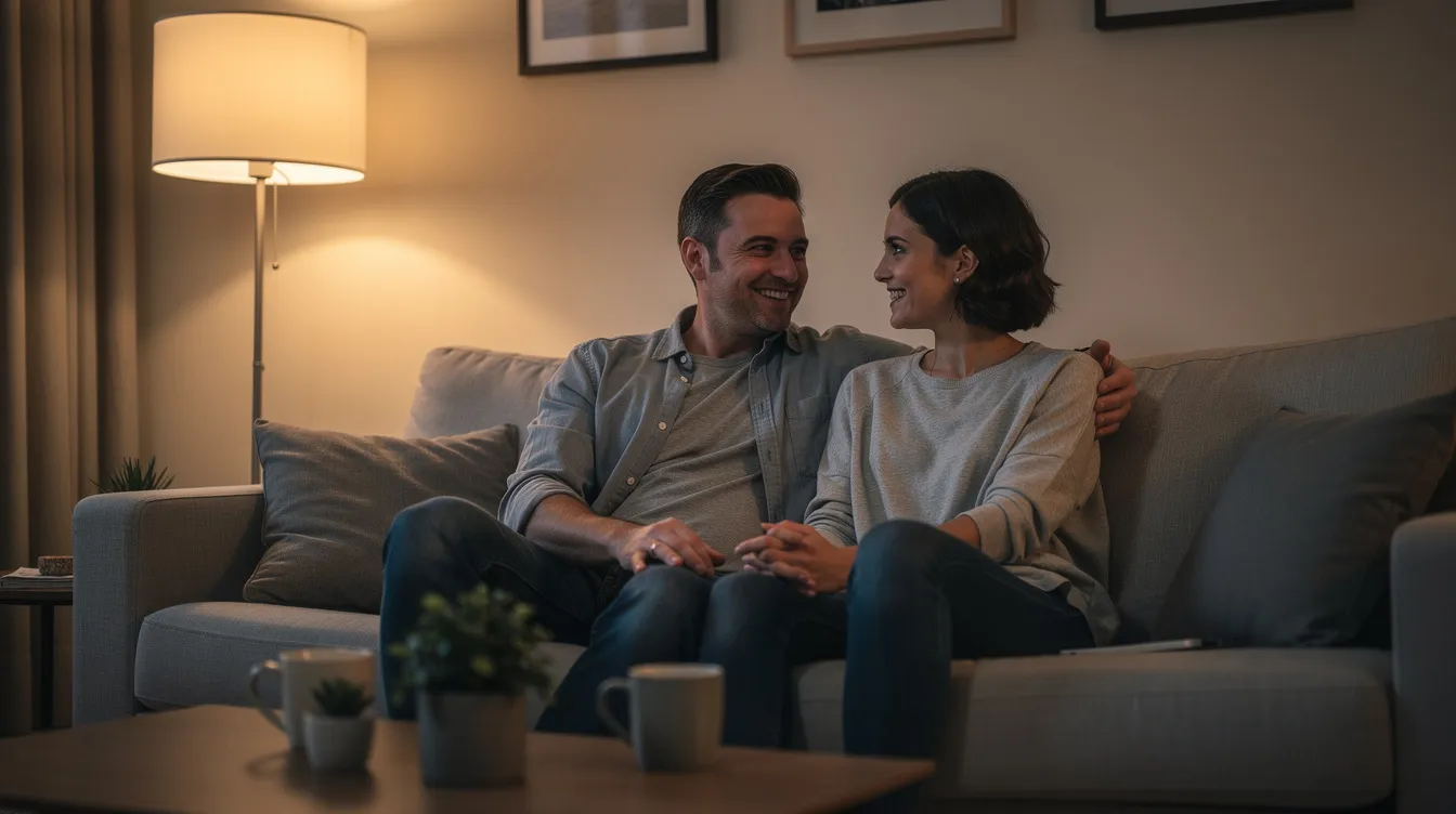 Improving Penetrative Sex: Evidence-Based Ways to Make Penetration More Pleasurable 4 - Consent Culture The image depicts two people sitting comfortably on a couch, engaged in a relaxed conversation under warm lighting. Their body language suggests intimacy and connection, reflecting a positive atmosphere that could enhance their sexual satisfaction and communication about their experiences.