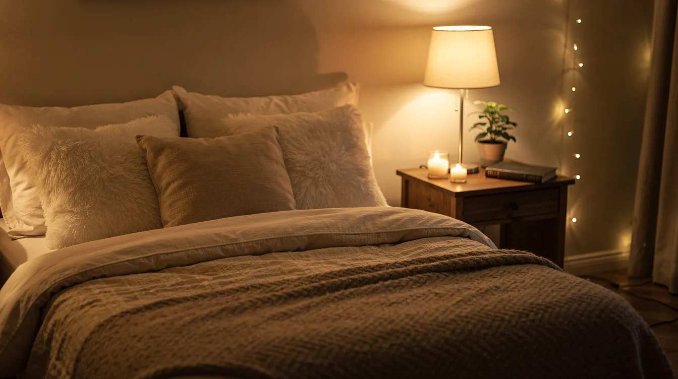Enhancing Sexual Pleasure with Sex Toys: A Practical Guide 2 - Consent Culture The image depicts a cozy bedroom with soft pillows and flickering candles on a nightstand, creating a relaxed and inviting atmosphere perfect for intimacy and exploring sexual pleasure. This warm setting encourages conversations about enhancing pleasure with sex toys and nurturing a fulfilling sexual relationship.