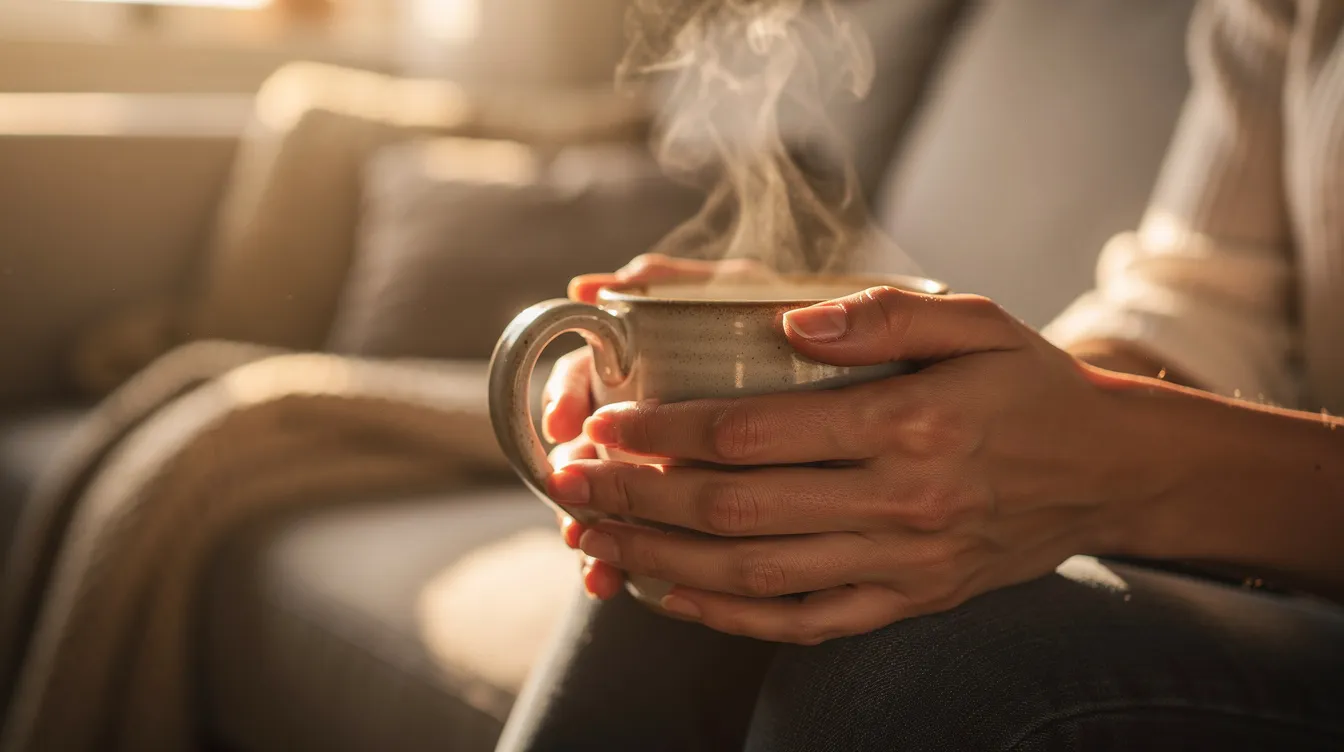 Enhancing Sexual Pleasure with Sex Toys: A Practical Guide 4 - Consent Culture A pair of hands gently cradles a warm mug in a serene, sunlit environment, evoking a sense of relaxation and self-care. This tranquil moment suggests the importance of taking a mindful pause, much like how introducing sex toys can enhance pleasure and intimacy in one's sexual relationship.