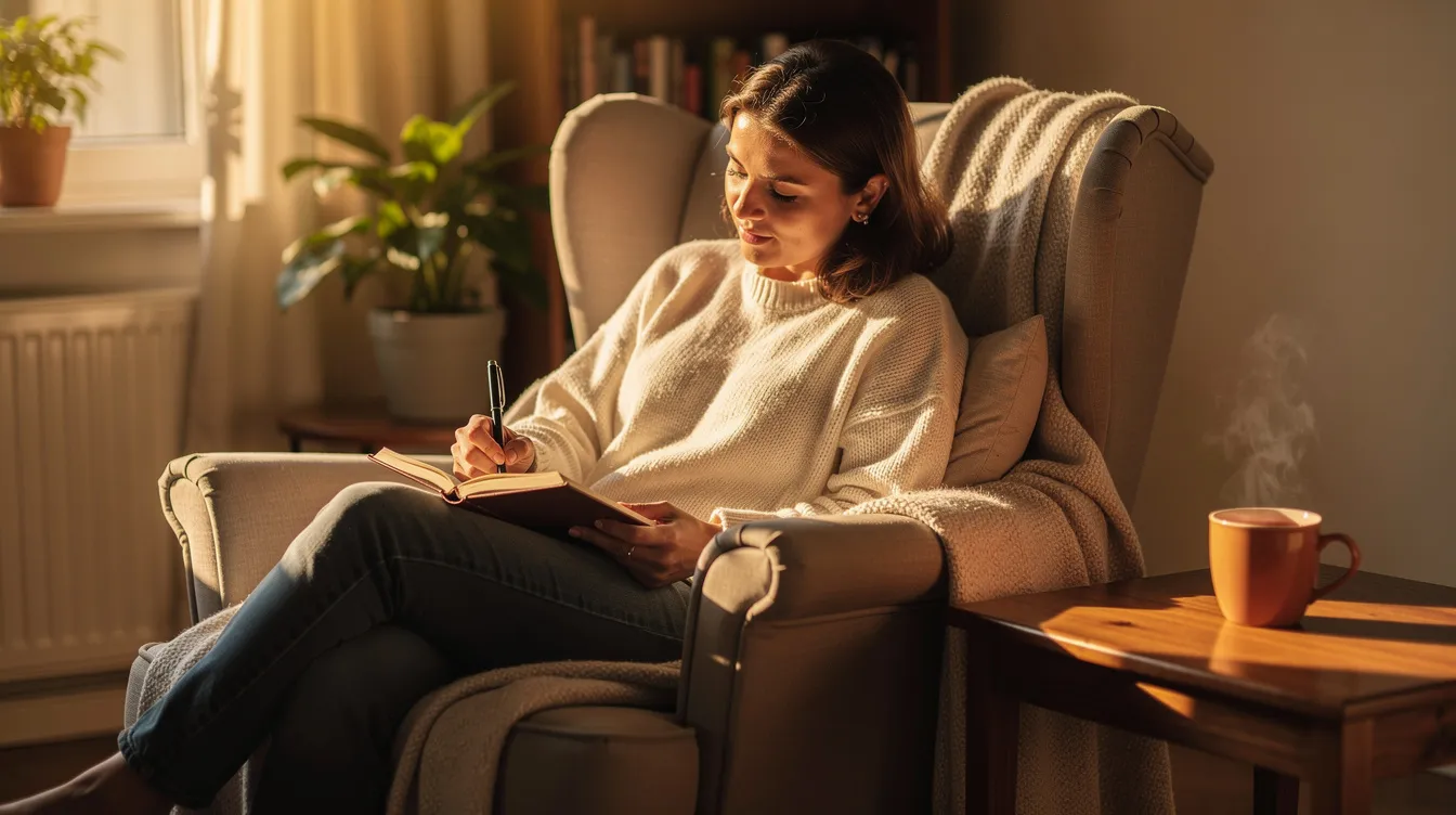 A person is sitting comfortably in a sunlit room, deeply engaged in writing in a journal, with a warm cup of tea nearby, creating a peaceful atmosphere for exploring their own sexual fantasies and desires. The serene setting suggests a moment of reflection and intimacy with one's thoughts and feelings.