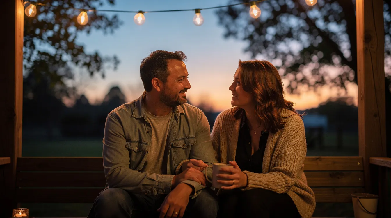 Exploring Sexual Fantasies: How to Understand, Enjoy, and Safely Share Your Desires 4 - Consent Culture A couple sits closely together on a porch at dusk, engaged in a calm and relaxed conversation that hints at their shared intimacy and emotional connection. The warm, fading light creates a romantic atmosphere, inviting them to explore their feelings and desires in a safe and comfortable space.