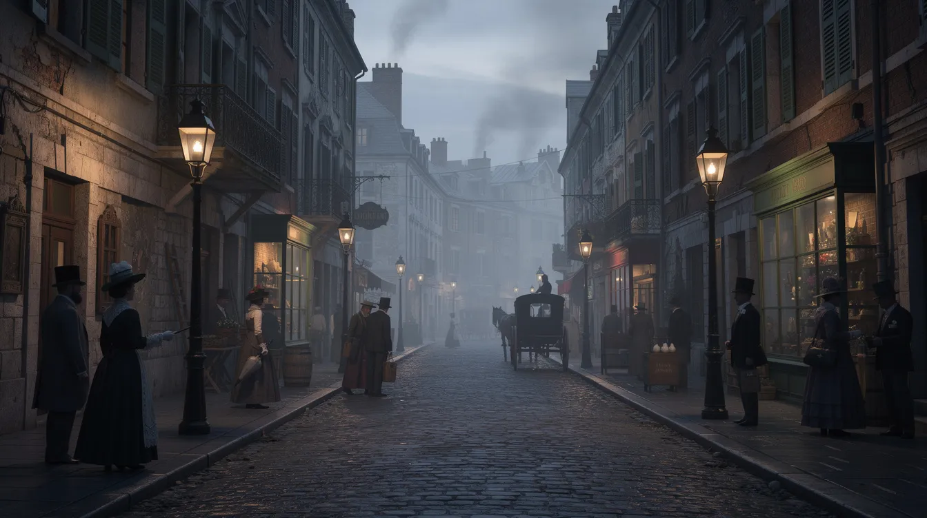 The image depicts a bustling European street scene from the late 19th century, featuring people strolling along a cobblestone road lined with gaslit lamps and historic stone buildings. This setting captures a time before the advancements in LGBTQIA rights, including the fight for same-sex marriage and the visibility of gay and lesbian couples.