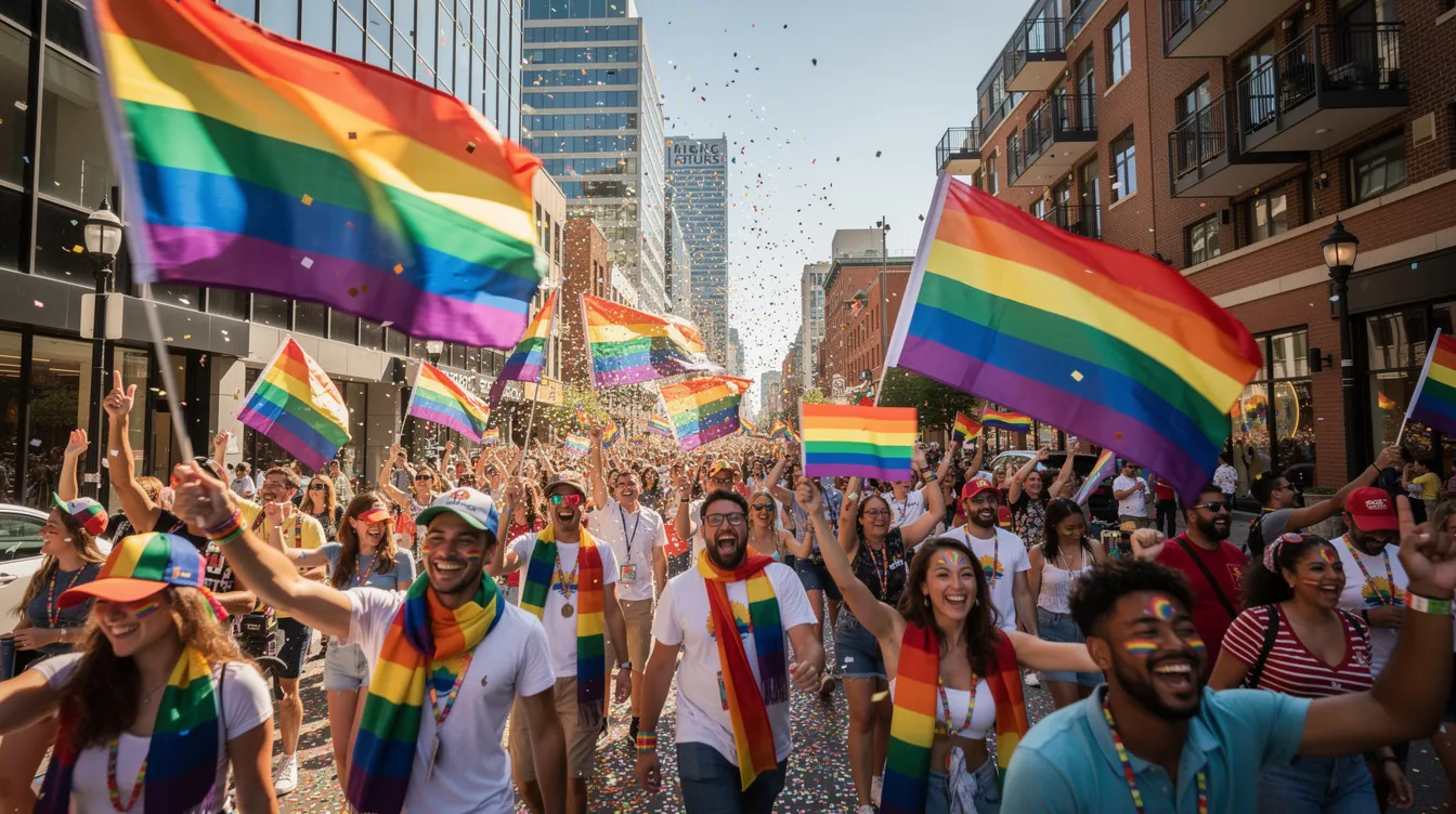 The History of LGBTQIA Rights: From Criminalization to Marriage Equality 3 - Consent Culture The image depicts a lively street celebration with diverse individuals joyfully marching and waving vibrant rainbow flags, symbolizing the fight for gay and lesbian rights and marriage equality. Urban buildings form the backdrop of this colorful scene, representing the ongoing celebration of the LGBTQIA community and their journey towards equal rights.