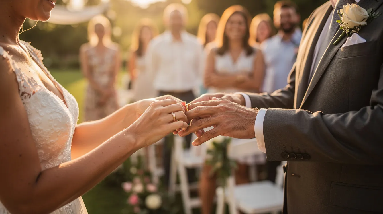 The History of LGBTQIA Rights: From Criminalization to Marriage Equality 4 - Consent Culture The image depicts two people exchanging wedding rings during a sunlit outdoor ceremony, surrounded by a small group of joyful guests celebrating their same-sex marriage. This moment captures the essence of love and commitment in the context of the ongoing struggle for marriage equality and gay rights.