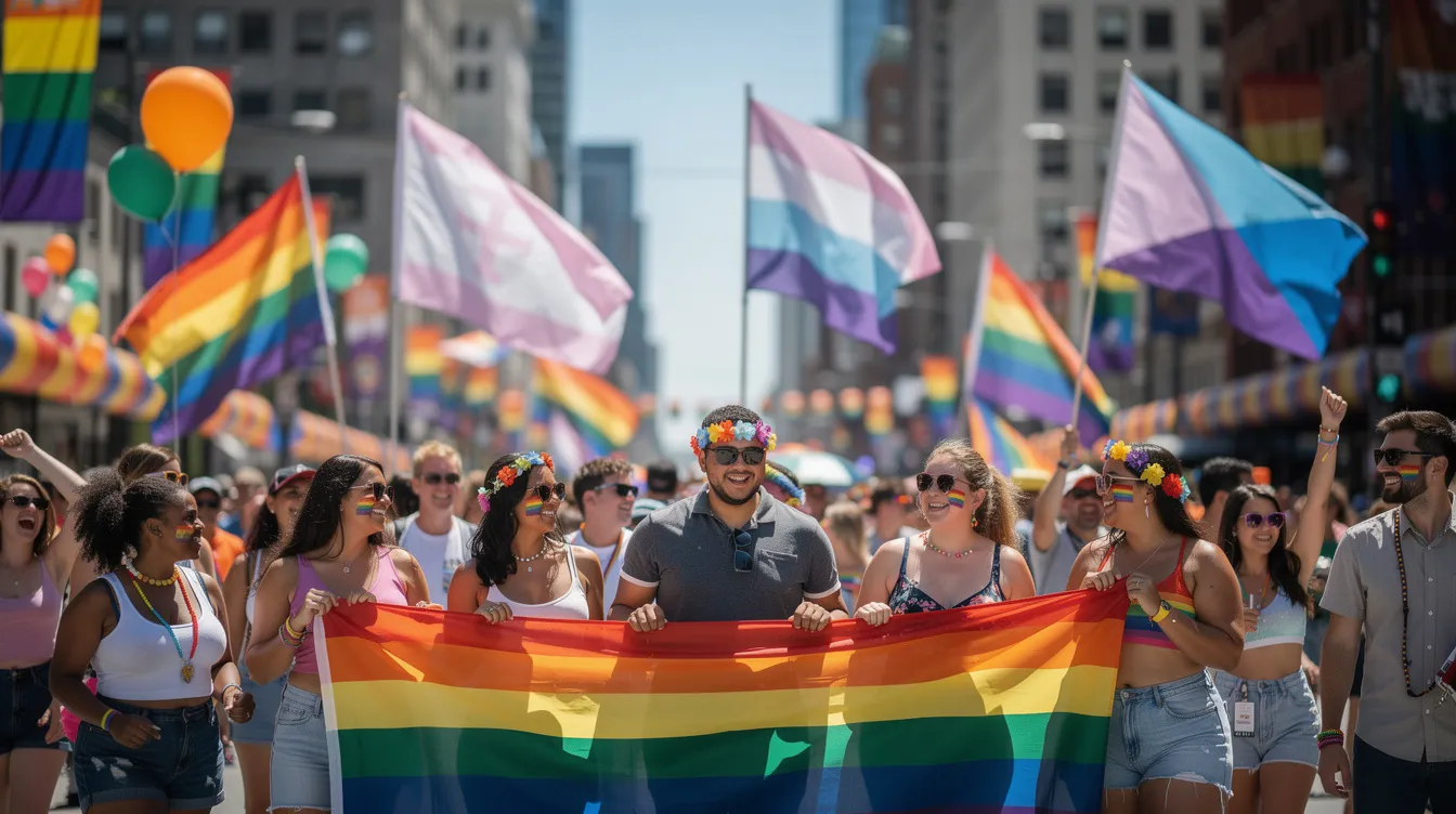 The History of LGBTQIA Rights: From Criminalization to Marriage Equality 5 - Consent Culture A vibrant and diverse crowd gathers at a modern Pride celebration, with individuals from various backgrounds walking together while proudly carrying an array of colorful pride flags under a clear blue sky. This scene reflects the spirit of the LGBTQIA community and the ongoing fight for same-sex marriage and equal rights for all sexual orientations.