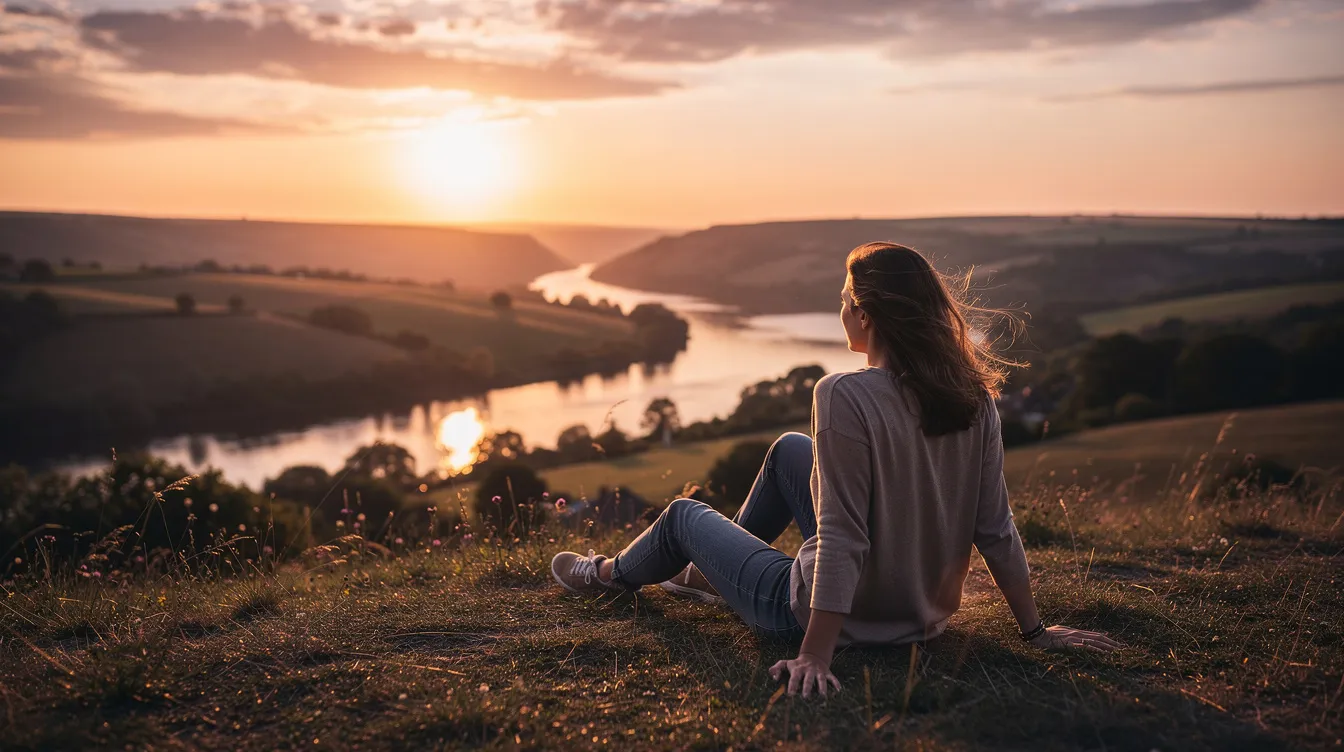 A person sits peacefully on a quiet hilltop at sunset, gazing thoughtfully over a wide landscape, embodying a moment of reflection on their own identity and the journey of self-acceptance. This serene scene symbolizes the importance of having a support system and the courage to embrace one's gender expression and sexual orientation.