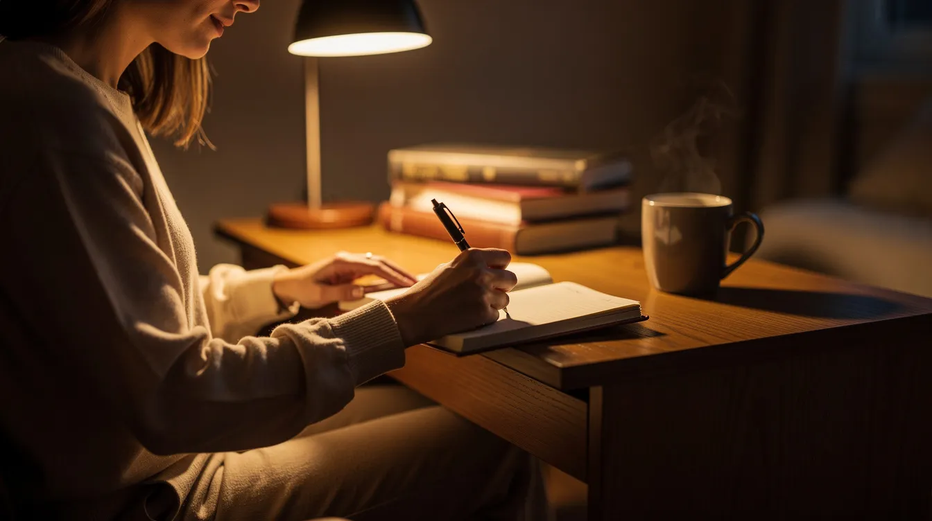How to Come Out: Practical Tips and Advice for Sharing Your Identity 3 - Consent Culture A young person sits at a cozy desk, illuminated by soft lamp light, focused on writing in a journal. This serene scene reflects a moment of introspection, where they may be exploring their own identity and feelings, seeking clarity and support in their journey.